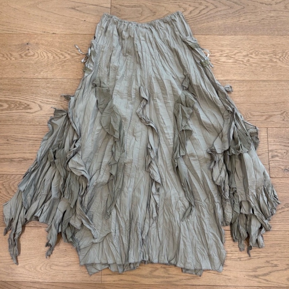 Boho Khaki Maxi Skirt with lace & ribbon Tie Accents - Picture 5 of 5